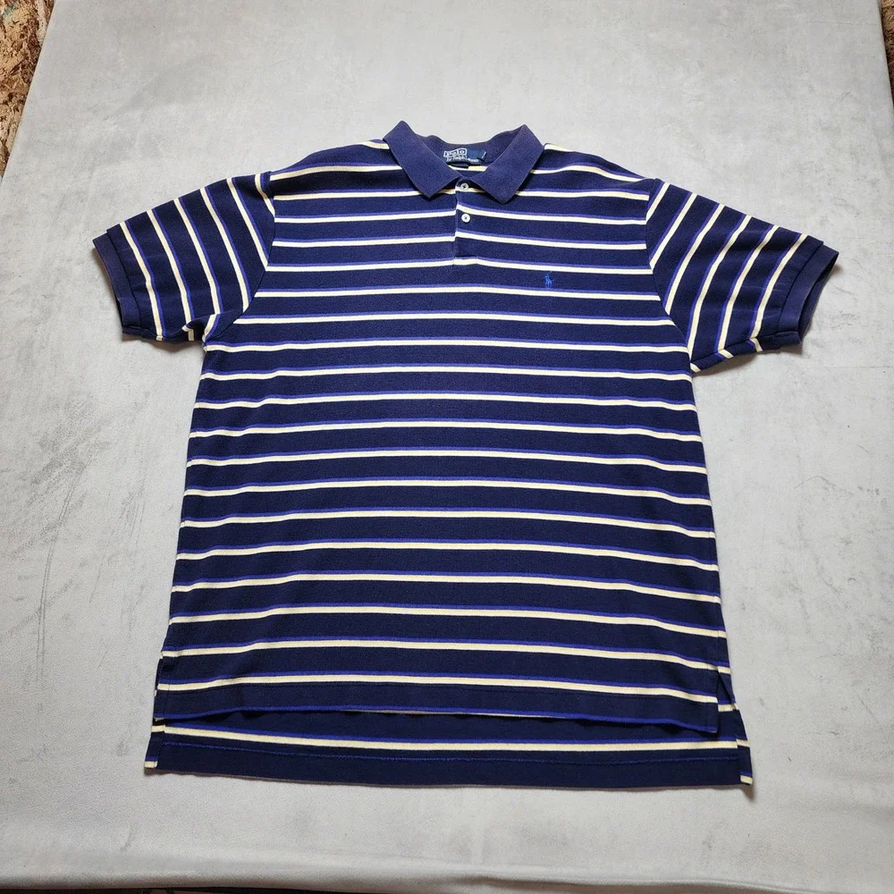 Polo Ralph Lauren Mens XXL Navy Blue Yellow Striped‎ Short Sleeve Polo Shirt